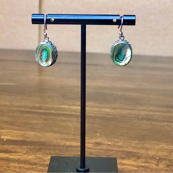 ABALONE Cabochon Sterling Silver Drop Earrings With Scrollwork Around The Bezel - Picture 2 of 10